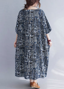 Plus Size Print O Neck Pockets Cotton Long Dresses Summer