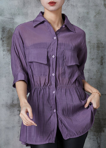 Plus Size Purple Cinched Patchwork Silk Shirt Top Summer