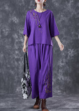 Load image into Gallery viewer, Plus Size Purple Embroidered Linen Two Pieces Set Summer