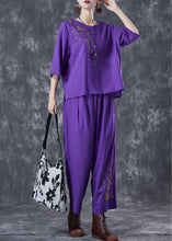 Load image into Gallery viewer, Plus Size Purple Embroidered Linen Two Pieces Set Summer