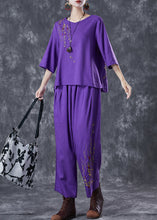 Load image into Gallery viewer, Plus Size Purple Embroidered Linen Two Pieces Set Summer