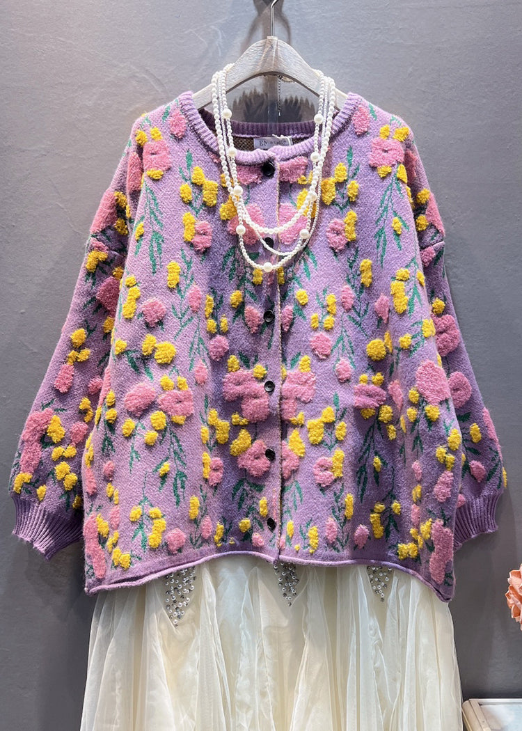 Plus Size Purple Floral Button Knit Coats Long Sleeve