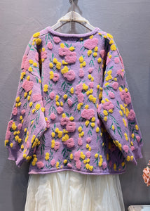 Plus Size Purple Floral Button Knit Coats Long Sleeve