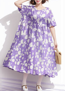 Plus Size Purple O Neck Print Cotton Dress Summer