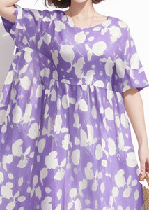 Plus Size Purple O Neck Print Cotton Dress Summer