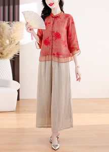 Plus Size Red Print Tops And Pants Linen Two Pieces Set Summer