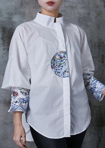 Plus Size White Embroidered Cotton Shirt Tops Summer