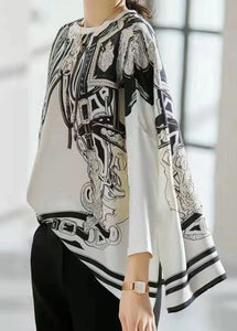 Plus Size White O Neck Print Patchwork Silk T Shirt Top Spring