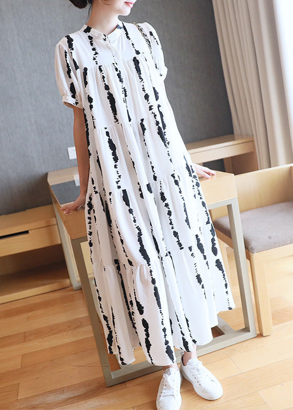 Plus Size White O-Neck Striped Print Wrinkled Button Maxi Dresses Summer