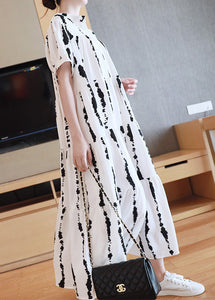 Plus Size White O-Neck Striped Print Wrinkled Button Maxi Dresses Summer