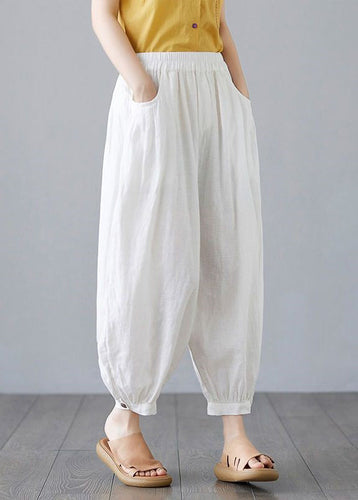 Plus Size White Pockets Elastic Waist Cotton Lantern Pants Spring