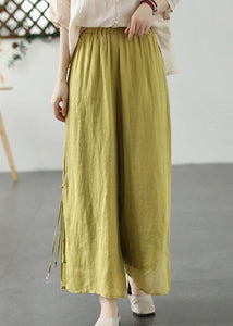 Plus Size Yellow Embroidered Patchwork Linen Wide Leg Pants Summer