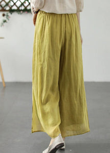 Plus Size Yellow Embroidered Patchwork Linen Wide Leg Pants Summer