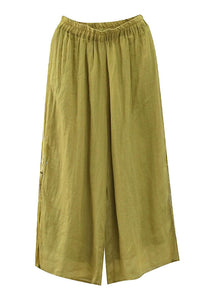 Plus Size Yellow Embroidered Patchwork Linen Wide Leg Pants Summer