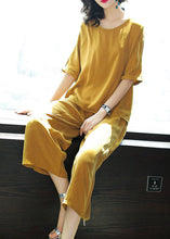 Load image into Gallery viewer, Plus Size Yellow O-Neck Tops And Pants Silk Two Pieces Set Summer