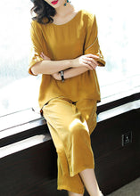 Load image into Gallery viewer, Plus Size Yellow O-Neck Tops And Pants Silk Two Pieces Set Summer