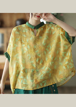 Load image into Gallery viewer, Plus Size Yellow Patchwork Ramie Shirt Short Sleeve