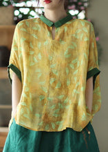 Load image into Gallery viewer, Plus Size Yellow Patchwork Ramie Shirt Short Sleeve