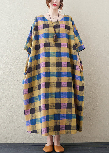 Plus Size Yellow Plaid O Neck Print Cotton Long Dress Half Sleeve