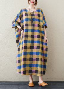 Plus Size Yellow Plaid O Neck Print Cotton Long Dress Half Sleeve