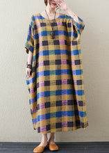 Load image into Gallery viewer, Plus Size Yellow Plaid O Neck Print Cotton Long Dress Half Sleeve