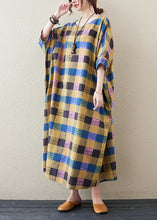 Load image into Gallery viewer, Plus Size Yellow Plaid O Neck Print Cotton Long Dress Half Sleeve