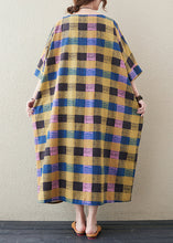 Load image into Gallery viewer, Plus Size Yellow Plaid O Neck Print Cotton Long Dress Half Sleeve