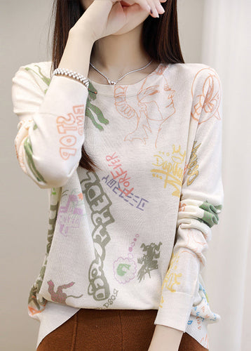 Portrait Print Silk Cotton T Shirt O Neck Long Sleeve