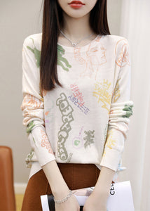 Portrait Print Silk Cotton T Shirt O Neck Long Sleeve