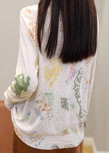 Portrait Print Silk Cotton T Shirt O Neck Long Sleeve