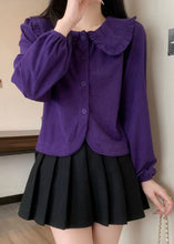 Load image into Gallery viewer, Purple Button Corduroy Blouse Peter Pan Collar Spring