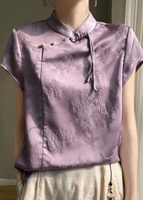 Load image into Gallery viewer, Purple Button Silk Blouses Stand Collar Short Sleeve