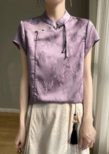 Load image into Gallery viewer, Purple Button Silk Blouses Stand Collar Short Sleeve