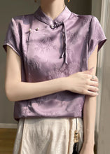 Load image into Gallery viewer, Purple Button Silk Blouses Stand Collar Short Sleeve