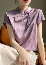 Load image into Gallery viewer, Purple Button Silk Blouses Stand Collar Short Sleeve