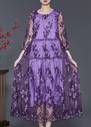 Purple Hollow Out Tulle Dress Embroidered Summer