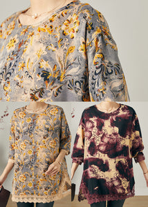 Purple Patchwork Lace Chiffon Shirts Oversized Print Spring