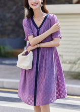 Load image into Gallery viewer, Purple Plaid Cotton Vacation Dresses V Neck Summer