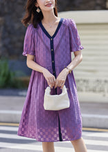 Load image into Gallery viewer, Purple Plaid Cotton Vacation Dresses V Neck Summer