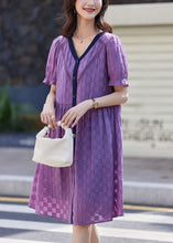 Load image into Gallery viewer, Purple Plaid Cotton Vacation Dresses V Neck Summer