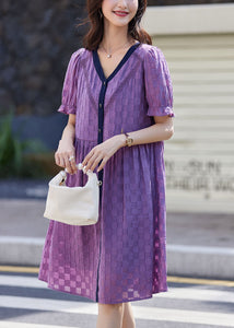 Purple Plaid Cotton Vacation Dresses V Neck Summer