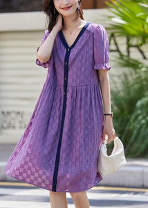 Purple Plaid Cotton Vacation Dresses V Neck Summer