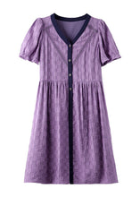 Load image into Gallery viewer, Purple Plaid Cotton Vacation Dresses V Neck Summer