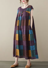 Load image into Gallery viewer, Purple Plaid Pockets Cotton Long Dress O Neck Summer