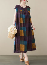 Load image into Gallery viewer, Purple Plaid Pockets Cotton Long Dress O Neck Summer