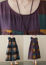 Load image into Gallery viewer, Purple Plaid Pockets Cotton Long Dress O Neck Summer