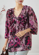 Load image into Gallery viewer, Purple Print Chiffon Blouses V Neck Ruffled Spring