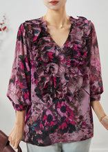 Load image into Gallery viewer, Purple Print Chiffon Blouses V Neck Ruffled Spring