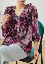 Load image into Gallery viewer, Purple Print Chiffon Blouses V Neck Ruffled Spring