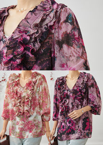 Purple Print Chiffon Blouses V Neck Ruffled Spring